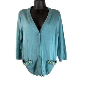 Kate Spade New York Womens Cardigan Sweater Blue 3/4 Sleeve V Neck Embellished L